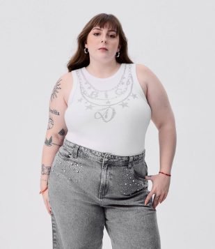 Blusa Canelada com Lettering em Strass Duquesa Curve & Plus Size Branco