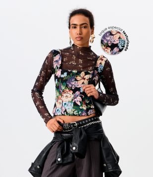 Blusa Corset em Jacquard Floral com Alça Larga e Decote Quadrado Preto