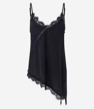 Blusa Sem Manga em Viscose com Renda e Barra Assimétrica Preto