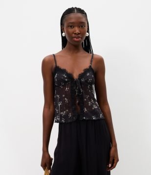 Blusa de Alcinha em Tule Floral com Detalhe em Renda Preto