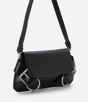 Bolsa Baguete Pequena com Detalhes de Fivelas Preto