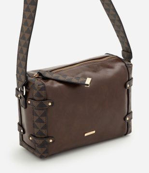 Bolsa Shoulder Média em PU com Detalhes Estampados Marrom