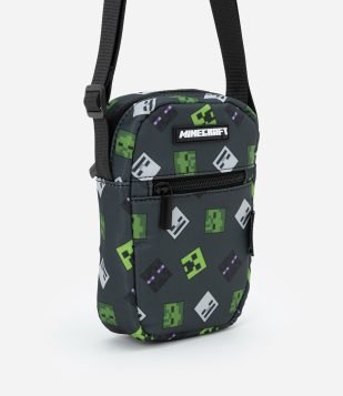 Bolsa Transversal Infantil com Bolso e Estampa Minecraft - Tam Único Cinza