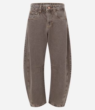 Calça Balloon em Jeans com Cintura Média e Recorte Lateral Cinza Esverdeado