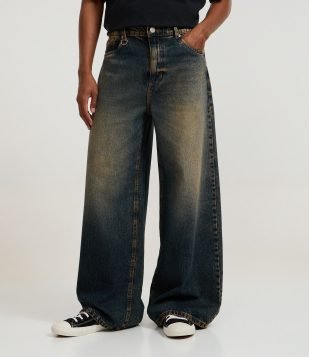 Calça Mega Baggy em Jeans com Argolas Azul Escuro
