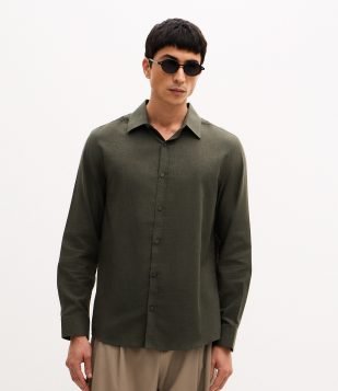 Camisa em Algodão com Botões Frontais e Efeito Mescla Verde