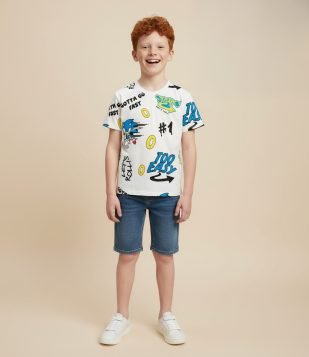 Camiseta Relaxed Infantil com Estampa Full Print Sonic – Tam 5 a 14 Anos Branco