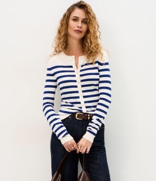 Cardigan em Tricô com Estampa Listrada Branco e Azul