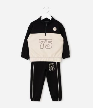 Conjunto Infantil com Meio Zíper e Lettering – Tam 1 a 6 Anos Preto e Off White