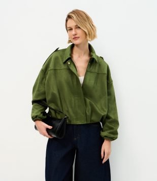 Jaqueta Bomber Suede Com Gola Clássica Verde