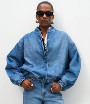 Jaqueta Bomber em Jeans com Punhos Ajustados e Botões Azul