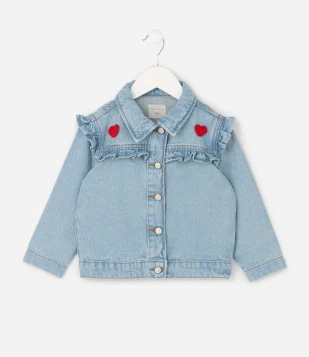 Jaqueta Infantil em Jeans com Bordado de Coração – Tam 1 a 6 Anos Azul Claro