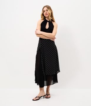 Saia em Chiffon com Estampa Poá e Barra Assimétrica Preto