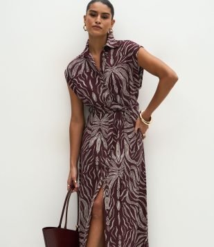 Vestido Chemise Midi em Viscolinho com Estampa Orgânica Marrom