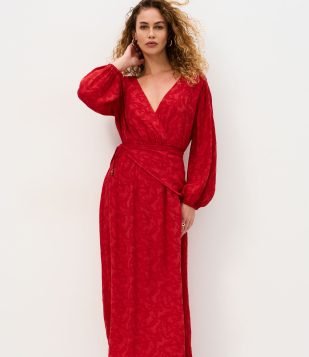 Vestido Longo Transpassado com Mangas Amplas e Cintura Marcada Vermelho