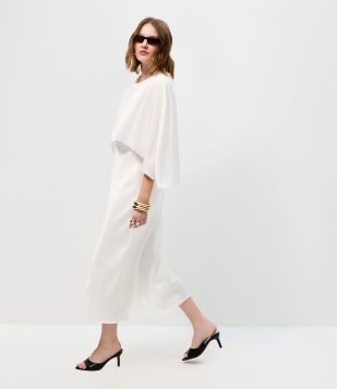 Vestido Midi Acetinado com Capa Sobreposta Branco
