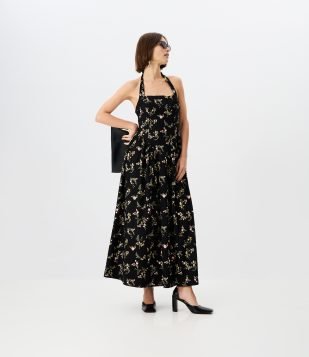 Vestido Midi com Estampa Floral e Decote Quadrado Preto