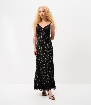Vestido Midi em Cetim com Estampa Floral e Detalhe em Renda Preto