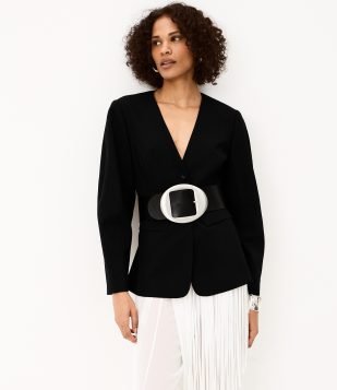 Blazer Acinturado em Alfaiataria com Bolsos Frontais Preto