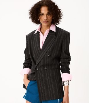 Blazer Oversized Alfaiatado Com Estampa de Listras Fio Tinto Cinza