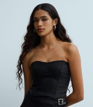 Blusa Corset Regular em Bengaline com Frisos Preto