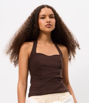 Blusa Frente Única em Ponto Roma com Decote Coração Marrom