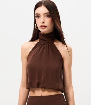 Blusa Halter em Chiffon com Gola Alta e Barra Balonê Marrom