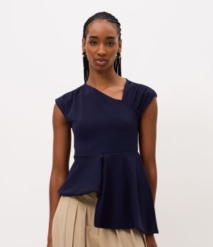 Blusa Peplum Assimétrica com Decote Transpassado Azul