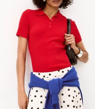 Blusa em Tricô com Gola Polo e Botões Frontais Vermelho