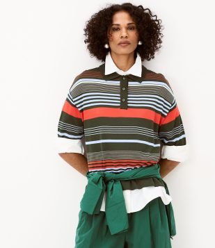 Blusa em Tricô com Gola Polo e Estampa Listrada Multicores