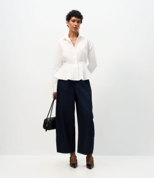 Calça Barrel em Jeans com Cintura Alta Azul Escuro