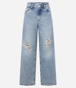 Calça Loose em Jeans com Cintura Baixa e Lavagem Estonada Azul