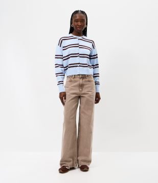 Calça Wide Leg em Sarja com Cintura Baixa Marrom Neutro