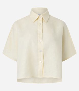 Camisa Manga Curta em Linho com Botões Contrastantes Amarelo