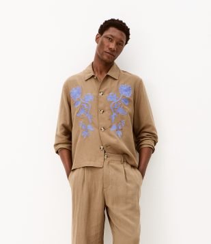 Camisa Overshirt em Liocel com Bordado Floral Marrom