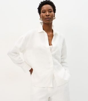 Camisa Oversized em Linho com Bolso no Peito Off White