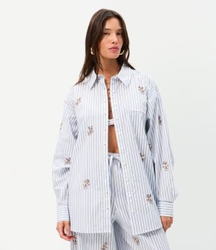 Camisa Oversized em Tricoline Listrado com Bordado de Beads Azul
