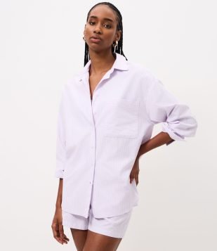 Camisa Oversized em Tricoline com Estampa Listrada Lilás