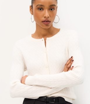 Cardigan em Tricô Texturizado com Barra Canelada Bege