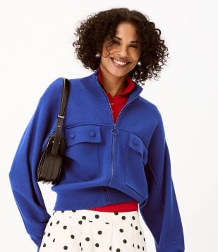 Jaqueta Regular em Tricô Pesado com Bolsos Frontais Azul