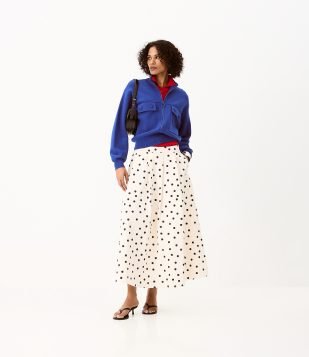 Saia Evasê Midi em Tricoline com Estampa Poá Off White