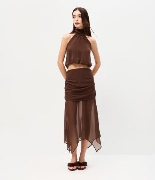 Saia Midi em Chiffon com Drapeado e Barra Assimétrica Marrom
