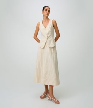 Saia Midi em Sarja com Estampa de Listras Branco