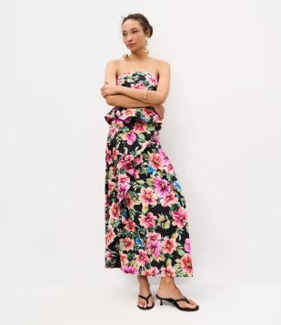 Saia Midi em Tricoline com Estampa Floral e Drapeado na Cintura Rosa