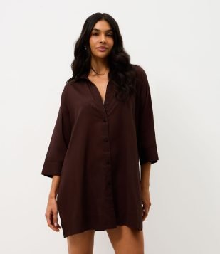 Saída de Praia Chemise em Cotton com Manga 3/4 Marrom Escuro