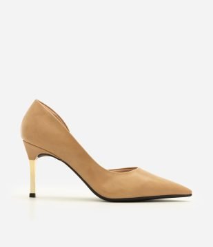 Sapato Scarpin em PU com Salto Alto Cromado Bege