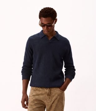Suéter em Tricô Canelado com Gola Polo em V Azul