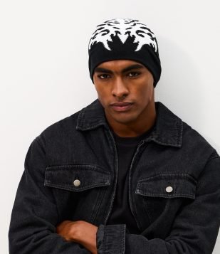 Touca em Tricô Dupla Face com Estampa Tribal Abstrata Preto