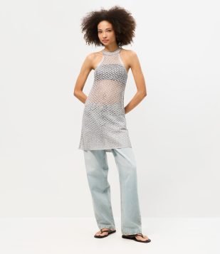 Vestido Curto em Tricô com Paetês e Gola Halter Cinza