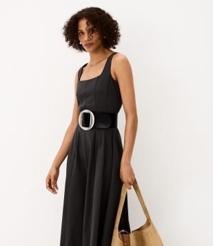 Vestido Evasê Midi em Viscose com Decote Quadrado e Recortes Cinza